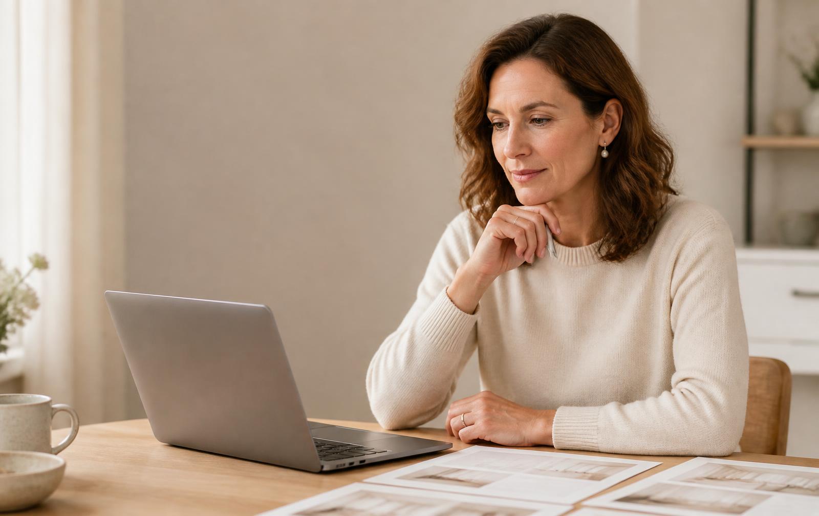 A professional comparing several career options on a laptop at a clean, uncluttered table.