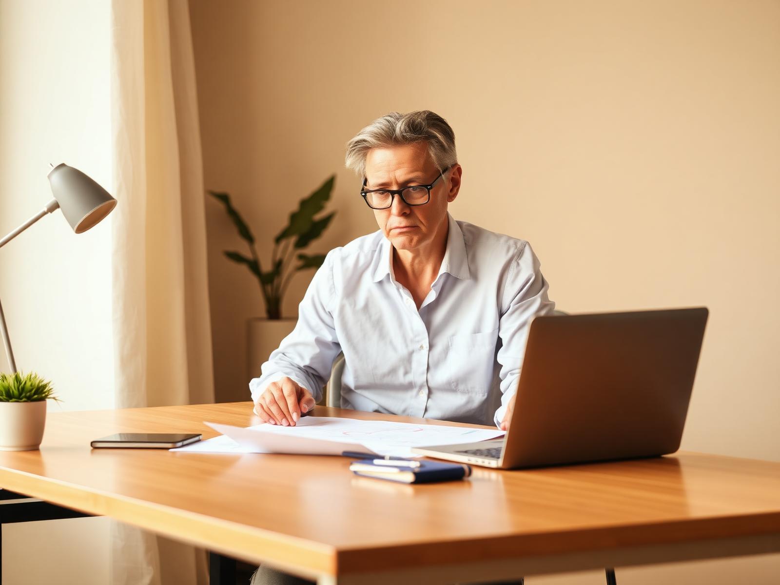 An experienced professional mapping out a career transition plan at a calm home-office desk.