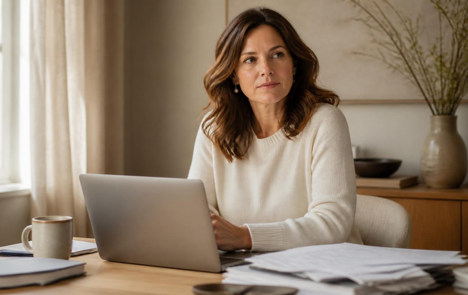 A professional woman working at a home-office desk, considering her next career direction.