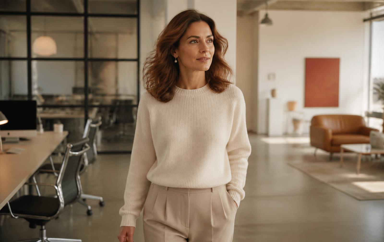 A professional walking through a modern workplace that opens into a lighter, more contemporary space.
